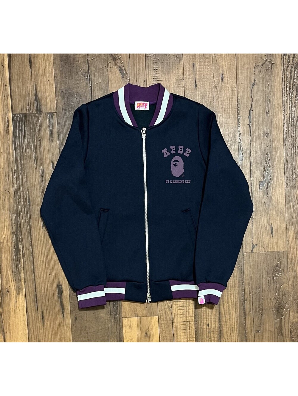 A Bathing Ape Apee Logo Bomber Jacket Coat XS Navy Purple